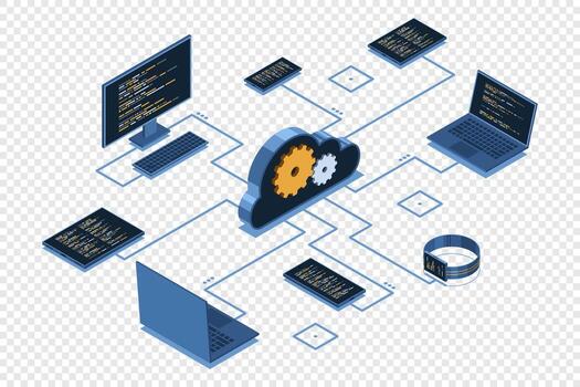 Isometric cloud technology computing. Isometric network with computer, laptop, tablet, and smartphone vector