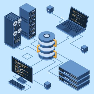 Isometric modern cloud database and networking concept. Computer service technology. Supercomputer. Isometric technology.