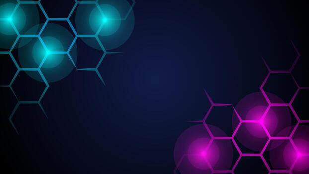 Abstract hexagon pattern background. Dark geometric futuristic technology background with blue and pink neon colored bright flashes under hexagon vector