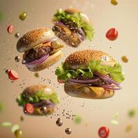 Three hamburgers are flying in the air with toppings photo