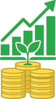 Sustainable Financial Growth Icon - Money Investment Stack with Green Plant, Profit Bar Chart, Upward Arrow, Eco Finance, Wealth Creation, ROI, Green Economy, and Renewable Business illustration vector