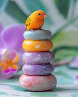 A small orange bird sits on top of a stack of stones photo