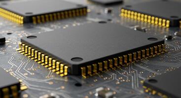 Close-up of a modern computer chip with gold pins on a circuit board photo