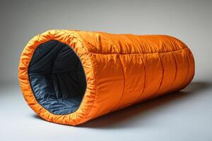 A large orange sleeping bag with a blue lining photo
