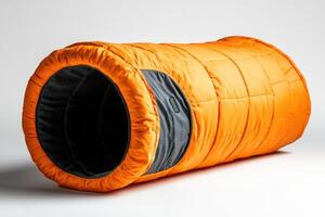 A dog bed made out of an orange sleeping bag photo