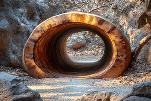 A tunnel made out of wood in the desert photo