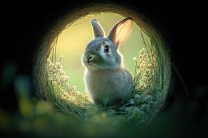 Rabbit in a Hole Surrounded by Flowers photo