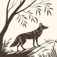 Serene Silhouette of a Fox Standing on a Hillside Under a Weeping Willow Tree in a Peaceful Forest Setting vector