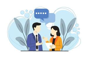Two business people discussing ideas with speech bubbles, casual office conversation illustration. vector