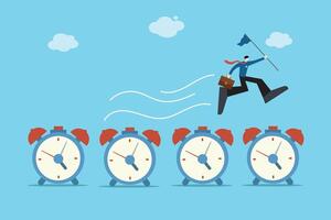 Businessman jumping over multiple alarm clocks holding a flag, symbolizing success, achievement, and beating deadlines. vector