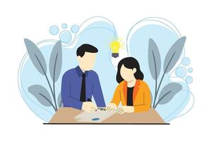 Two coworkers signing document on desk with light bulb above, symbolizing a new business idea. vector