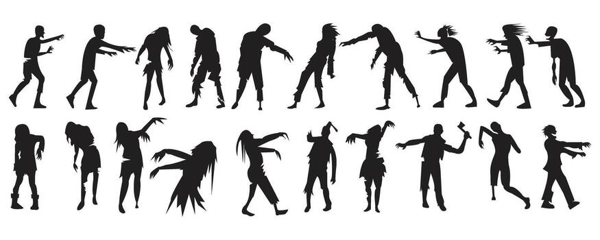 Silhouettes of multiple zombies in various walking poses. A perfect horror-themed for Halloween, thriller content, or undead related design projects vector