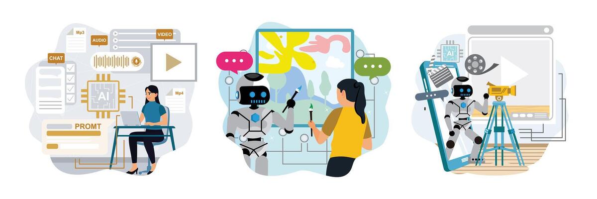 AI technology concept. Futuristic robot and woman collaborate to create a digital artwork.