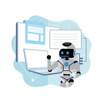 Robot working on a laptop vector