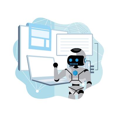 Futuristic robots perform AI-powered invoice and payment processing.