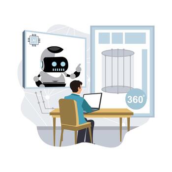 hombres interactuar con futurista robots en alimentado por ai modelado y animación. vector