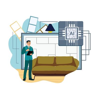 Businessman exploring smart technology in futuristic home interior's design layout.