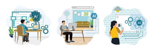 People working with AI technology vector