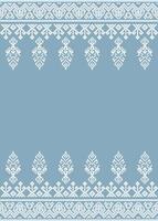 Thai silk-inspired pixel art frame in serene blue and white with floral and geometric motifs ideal for borders, invitations, and cultural designs. vector