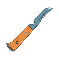 Folding pocket knife icon. Hunting gear with wooden handle, sharp steel blade. Portable equipment for camping, fishing, hiking. Hand drawn illustration of weapon for survival, protection vector