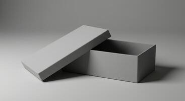 Open gray box with lid at an angle, minimalist presentation photo