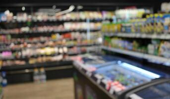 Refrigerators And Stalls With Goods In A Grocery Shop Defocused Stock Photo