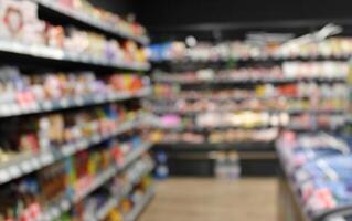 Shelves and stands full of products in a grocery store defocused view stock photo