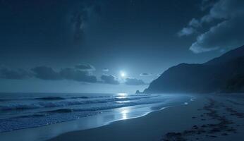 A beach at night with a full moon and waves photo