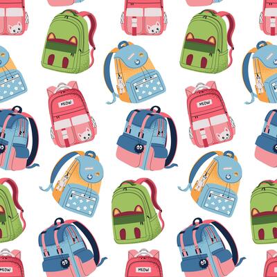 Seamless Pattern with Various Kids Backpacks. Colorful School Background for Children's Textiles, wallpaper, wrapping paper, Stationery. Perfect for Back to School Campaigns and School Branding