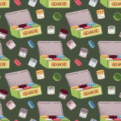 Seamless Pattern with Gouache Jars and Paint Box. Artist Supplies Design for Textile Printing, Wallpaper, Wrapping Paper and Stationery. Perfect for Fabric, School Decor and Packaging Design
