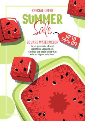 Summer Sale Poster. Juicy Watermelon square Slices Cover. Vibrant Seasonal Discount Banner for Shops, Cafe, Market and Beach Kiosk. Sweet Template for Social Media, Window Ads and Print. Asian fruit.