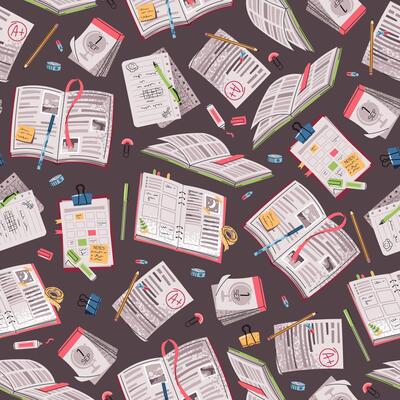 Seamless pattern with open books, notebooks, stationery. Flat design school background for textile, wallpaper, wrapping paper, school supplies. Ideal for decor, educational material and product design
