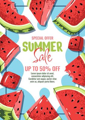 Summer Sale Poster. Juicy Watermelon Slices Cover. Vibrant Seasonal Discount Banner for Shops, Cafes, Markets and Beach Kiosks. Fresh and Sweet Template for Social Media, Window Ads and Print