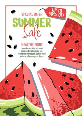 Summer Sale Poster. Juicy Watermelon Slice Cover. Vibrant Seasonal Discount Banner for Shops, Cafes and Markets. Fresh and Sweet Template for Social Media, Window Ads and Print Campaigns