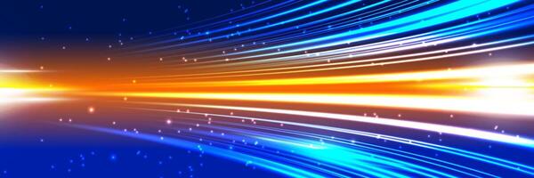 Abstract motion background with glowing blue and orange light streaks and particles on a dark gradient backdrop. Perfect for dynamic design, technology themes, or modern digital projects vector