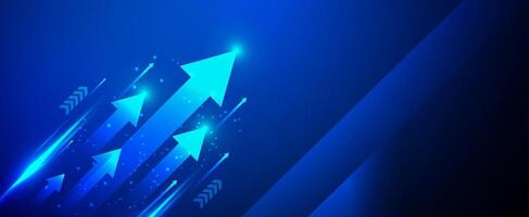 Blue arrow, business growth, success, progress on futuristic blue background. Digital design with glowing and sparkling effects. Perfect for presentations, covers and technology vector