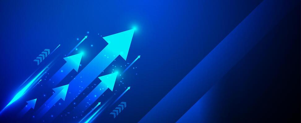 Blue arrow, business growth, success, progress on futuristic blue background. Digital design with glowing and sparkling effects. Perfect for presentations, covers and technology