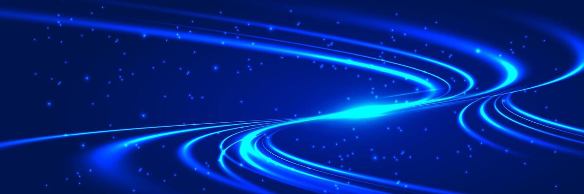Abstract blue light speed motion background with glowing swirl lines and sparkling particles. Futuristic design suitable for technology, science, and digital concept themes
