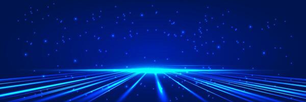 Abstract background with glowing blue light beams rising from the ground, combined with floating particles in a futuristic digital style for banners or presentations vector