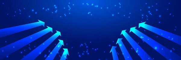 Horizontal abstract background with glowing arrows pointing upward on dark blue backdrop. Perfect for technology, growth, innovation, and futuristic business presentation concepts. vector