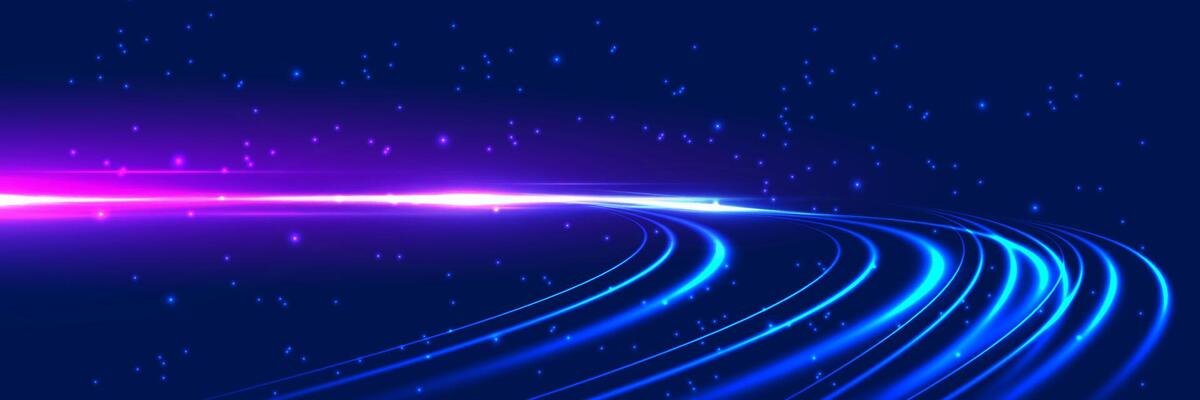 Abstract pink and blue light speed background with glowing curved lines and sparkling stars. Ideal for website headers, presentation covers, posters, banners, or creative digital design projects