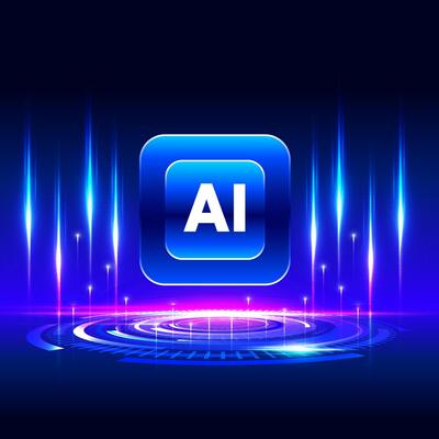 illustration of AI icon Artificial intelligence on dark blue background. Digital glowing future, technology concept, machine learning, Template