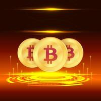 illustration of glowing golden Bitcoin coin, futuristic digital with dark brown and black background, suitable for cryptocurrency concept, blockchain technology, digital finance and investment. vector