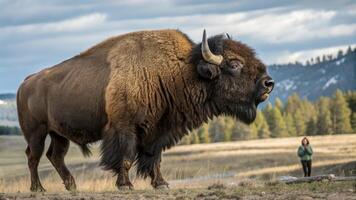 A bison stands in the grass with a woman standing next to it photo