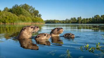 Four otters swimming in a river photo