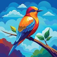 a colorful bird sitting on a branch in the sky. vector