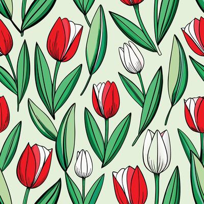 seamless pattern with red and white tulips.