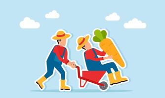 Farmer pushing another farmer carrying giant carrot with wheelbarrow illustration of teamwork in improving agricultural management efficiency vector