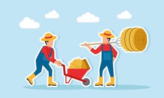 Farmer pushing a pile of straw while another carries a pitchfork with hay illustration of teamwork improving the efficiency of agricultural land management vector