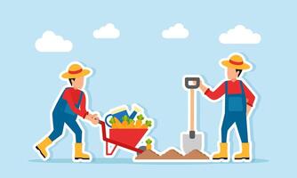 Farmer pushing a wheelbarrow full of vegetables while another farmer stands holding a shovel near farmland illustration of teamwork in improve agricultural management efficiency vector